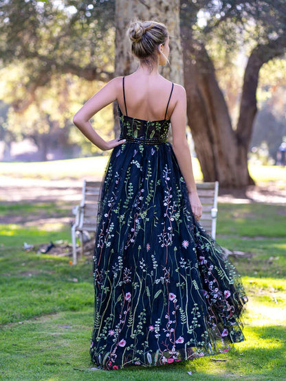 omberprom V-neck Evening Dress Spaghetti Straps Applique Tulle Floor Length Prom Dress