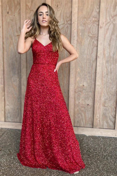 omberprom Elegant Spaghetti Straps Red Sequins Long Prom Dress