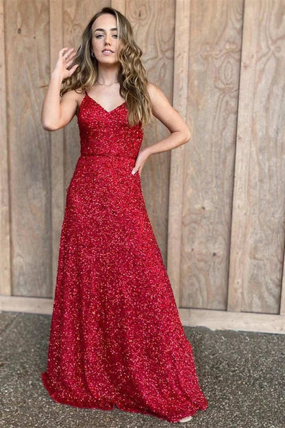 omberprom Elegant Spaghetti Straps Red Sequins Long Prom Dress