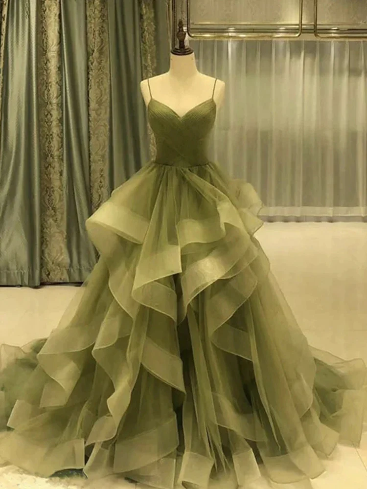 Spaghetti Strap Green A Line Long Prom Dress Prom Gowns Prom Dresses