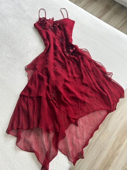 Burgundy Red Applique Spaghetti Straps Elegant And Charming A-Line Long Ruffled Chiffon Ball Gowns Prom Dress