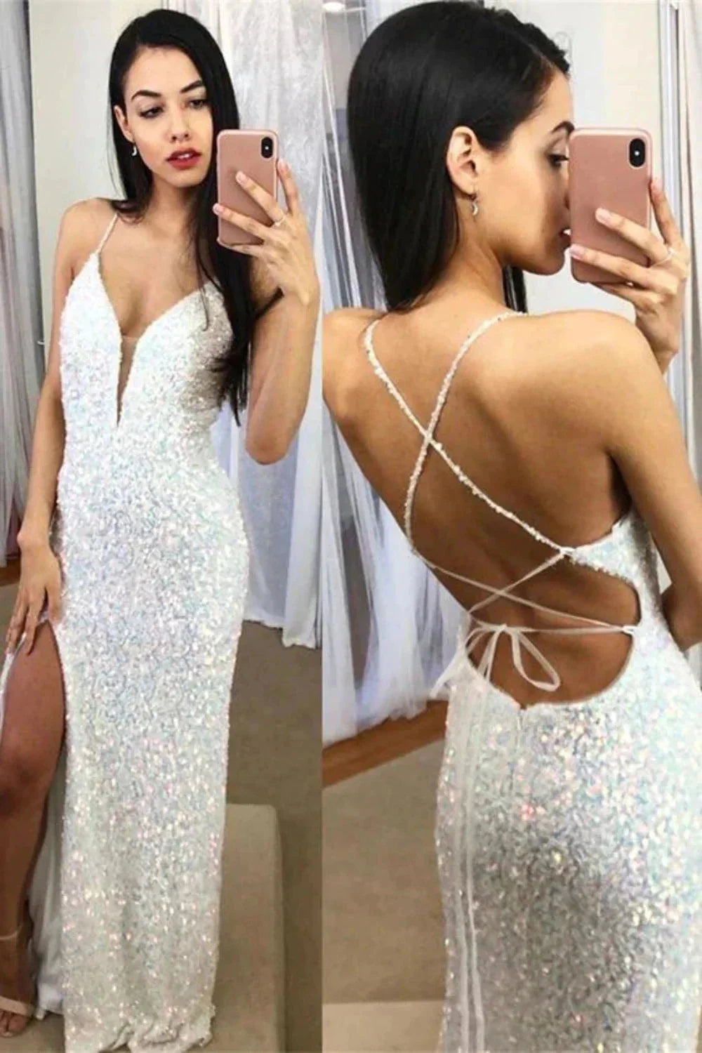Spaghetti Straps Mermaid Prom Dresses, Sparkly Sequins Slit Long Prom Gowns