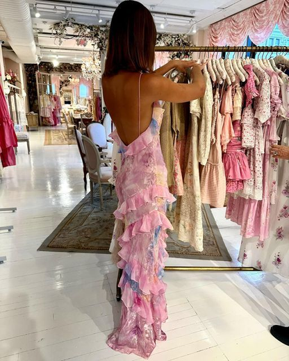 Dreamy Elegant Spaghetti Strap Pink Layered Ruffle Maxi Dress Long Chiffon Prom Gowns Prom Dresses
