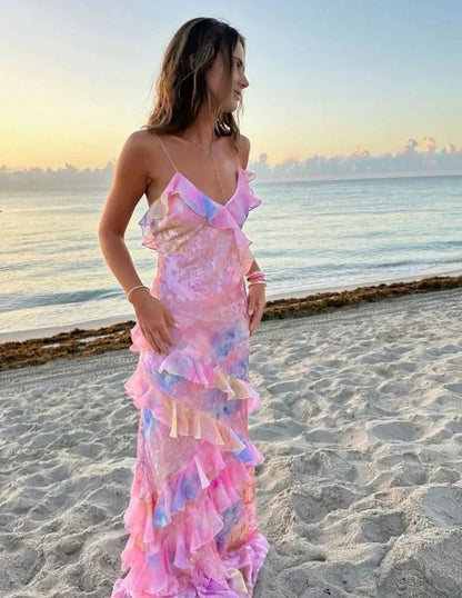 Dreamy Elegant Spaghetti Strap Pink Layered Ruffle Maxi Dress Long Chiffon Prom Gowns Prom Dresses