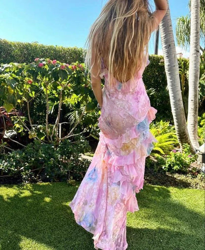 Dreamy Elegant Spaghetti Strap Pink Layered Ruffle Maxi Dress Long Chiffon Prom Gowns Prom Dresses