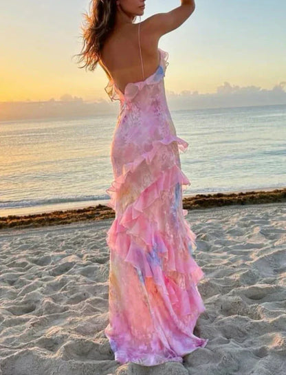Dreamy Elegant Spaghetti Strap Pink Layered Ruffle Maxi Dress Long Chiffon Prom Gowns Prom Dresses