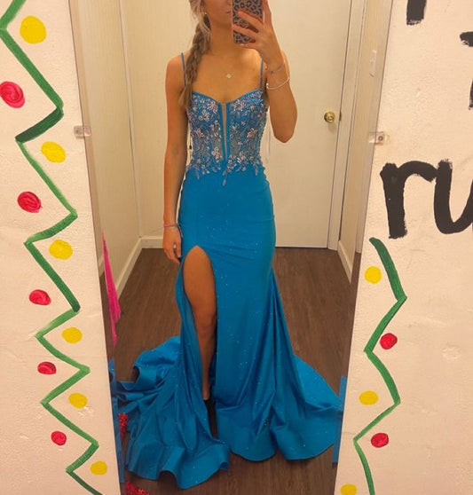 Blue Spaghetti Strap Gorgeous Exquisite Beaded Bodycon Long Satin High Slit Ball Gowns Prom Dresses