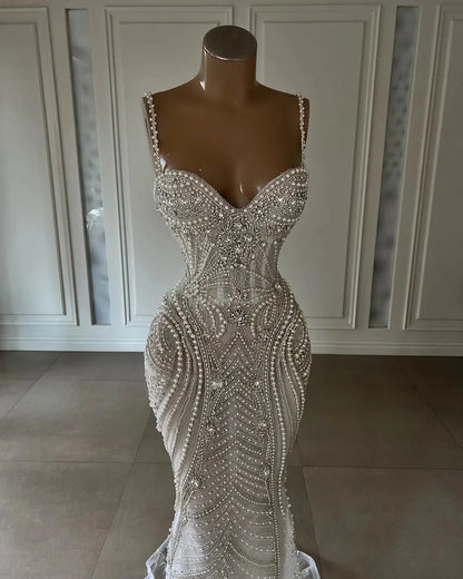 Sparkly Mermaid Spaghetti Straps White Sequin Beaded Wedding Dress Long Bridal Gowns Wedding Dresses
