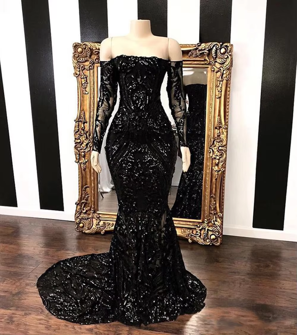 Sparkly Sequined Mermaid Prom Dress Royal Blue Long Sleeve Graduation Prom Dresses Prom Gown