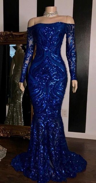 Sparkly Sequined Mermaid Prom Dress Royal Blue Long Sleeve Graduation Prom Dresses Prom Gown
