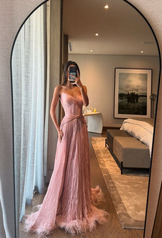 Special A Line Sweetheart Pleated Chiffon Pink Sleeveless Feathers Long Prom Dresses Inspo Prom Gowns
