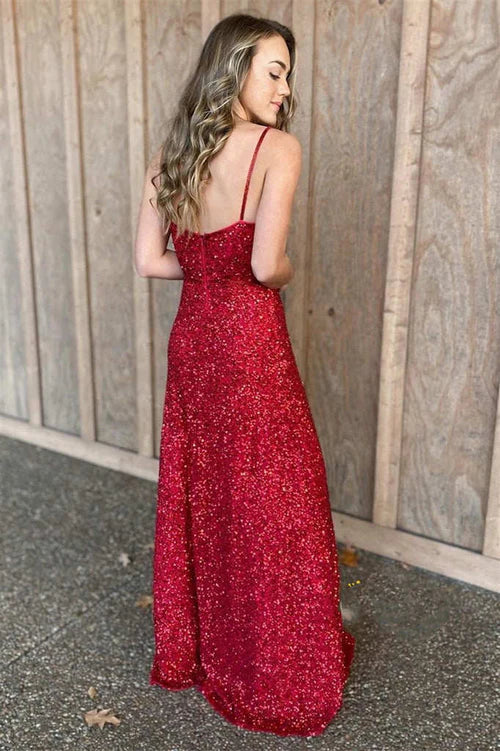 omberprom Elegant Spaghetti Straps Red Sequins Long Prom Dress