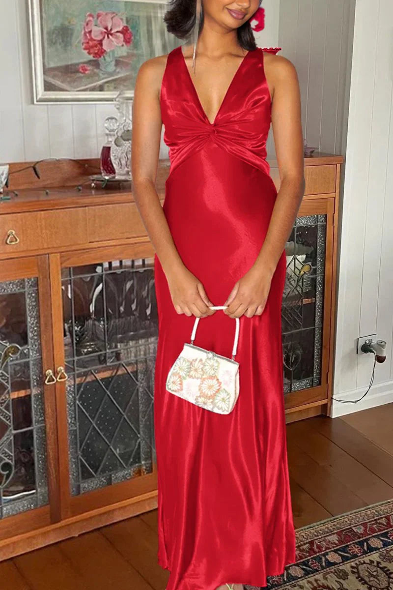 Halter V-Neck Pleated Satin Sleeveless Long Prom Party Dress, AST2088