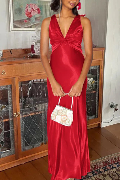 Halter V-Neck Pleated Satin Sleeveless Long Prom Party Dress, AST2088