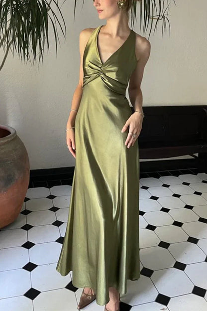 Halter V-Neck Pleated Satin Sleeveless Long Prom Party Dress, AST2088