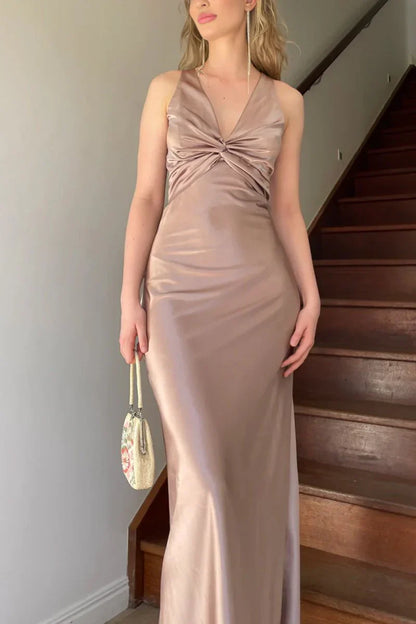 Halter V-Neck Pleated Satin Sleeveless Long Prom Party Dress, AST2088
