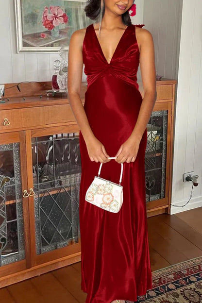 Halter V-Neck Pleated Satin Sleeveless Long Prom Party Dress, AST2088