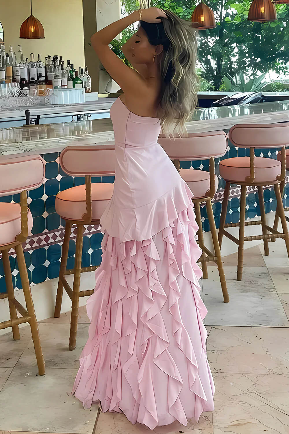 Designers Pink Ruffled Prom Dress Leg Split Night Dresses Party