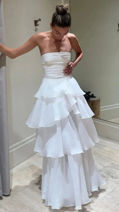 Strapless White Pleated Layers Long Prom Dresses Sleeveless Prom Gowns