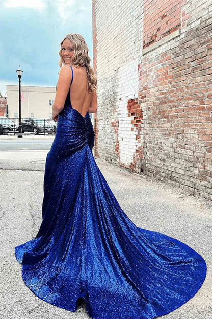 omberprom Fashion Straps Mermaid Prom dress with Slit in Royal Blue Evening Dress