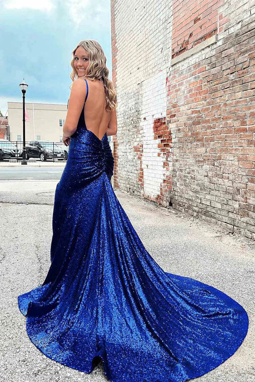 omberprom Fashion Straps Mermaid Prom dress with Slit in Royal Blue Evening Dress