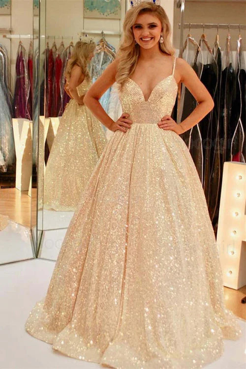 omberprom Elegant Stunning Pink Sequins A-Line Long Prom Dress Evening Dress