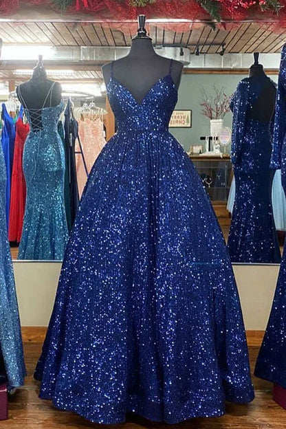 omberprom Elegant Stunning Pink Sequins A-Line Long Prom Dress Evening Dress