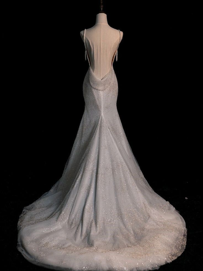 Stunning White Backless Mermaid Shiny Prom Gowns Wedding Dresses