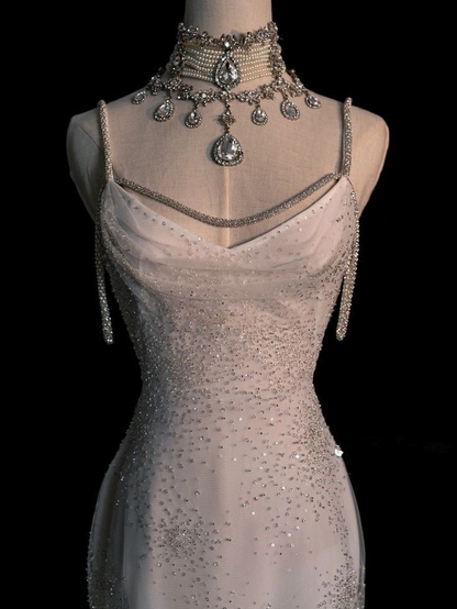Stunning White Backless Mermaid Shiny Prom Gowns Wedding Dresses
