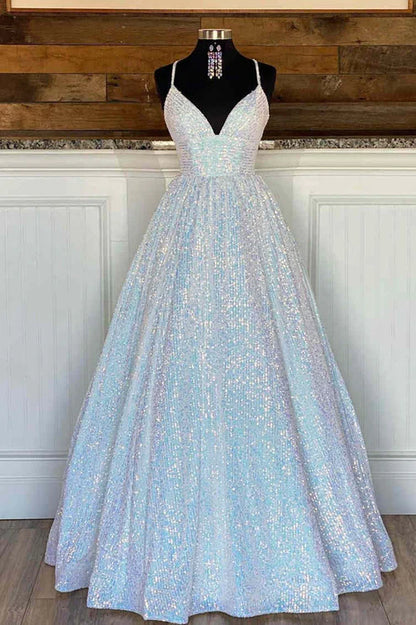 omberprom Elegant Stunning Pink Sequins A-Line Long Prom Dress Evening Dress