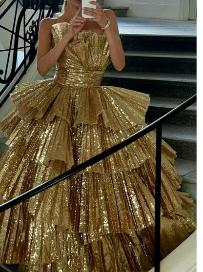 Stylish Golden Tiered Ball Gowns Long Prom Dresses