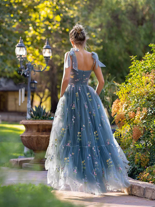omberprom Sweetheart Neck Floor Length Tulle Embroidery Floral Prom Dress