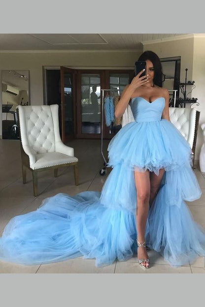 Sweetheart Light-blue Hi-Low Prom Dress with Layers Skirt
