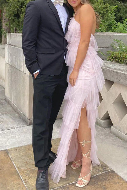 PM096,New Style Halter Ruffles Tulle Prom Dress With Slit, Charming Long Party Dress