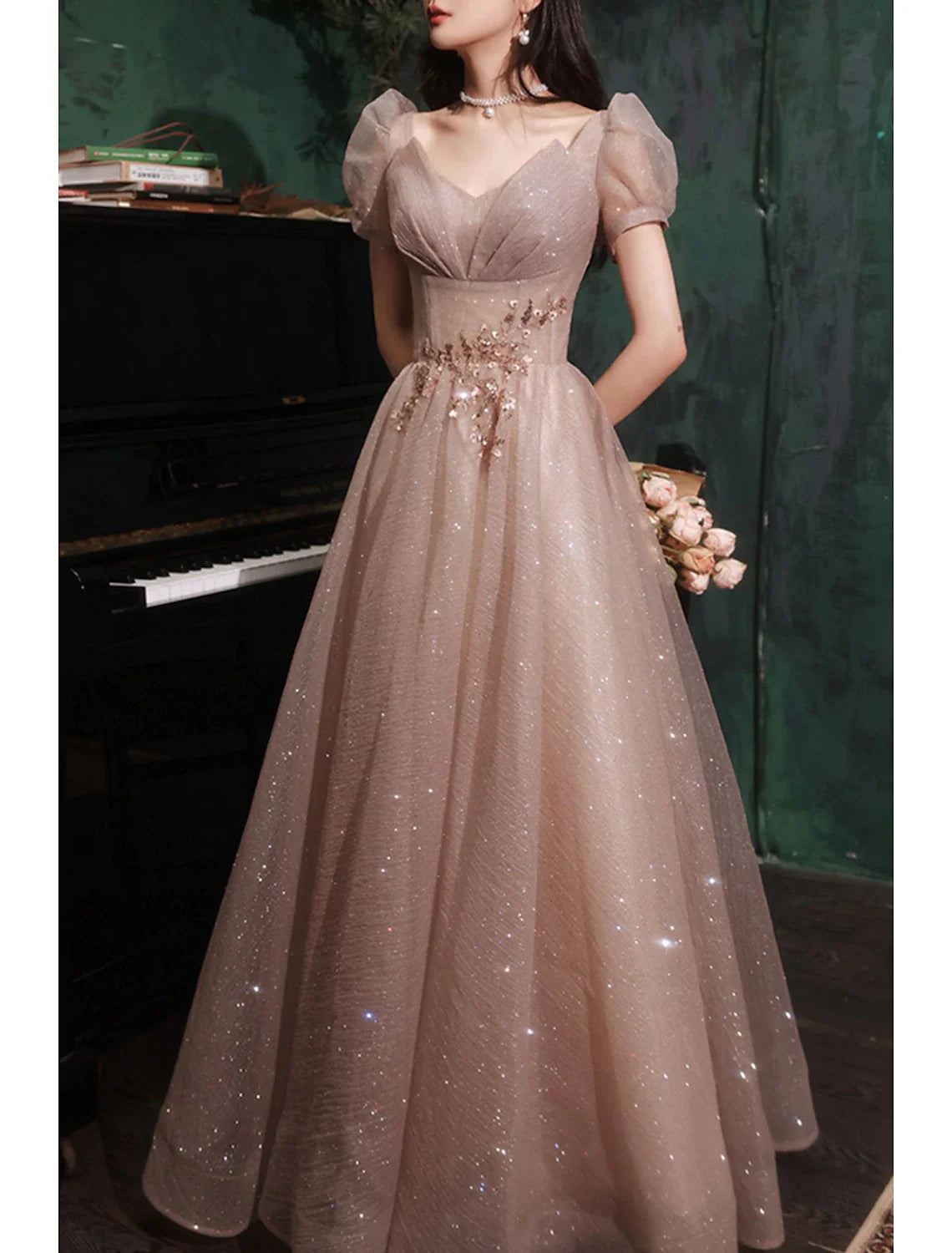 omberprom A-Line Prom Dresses Gowns Evening Dresses Valentine's Day Wedding Guest Floor Length Short Sleeve V Neck Tulle with Sequin