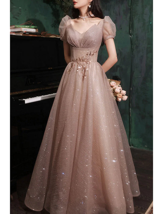 omberprom A-Line Prom Dresses Gowns Evening Dresses Valentine's Day Wedding Guest Floor Length Short Sleeve V Neck Tulle with Sequin