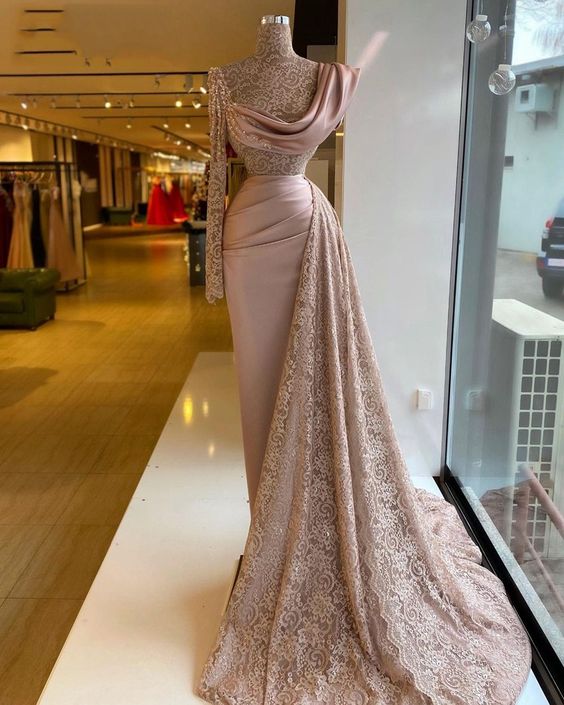 Elegent Pink Meimaid Lace Evening Dresses Gowns Long 2022 One Sleeve Sheer Lace Formal Evening Party Gown for Women Plus Size C1610