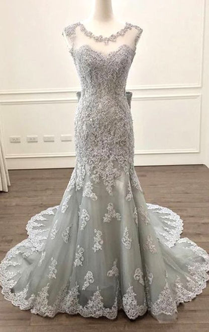 Mermaid O Neck Lace Long Prom Dress Silver Formal Evening Gown   C1409