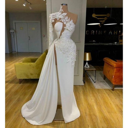 Exquisite Lace White Prom Dresses High Neck One Shoulder Long Sleeve Formal Evening Gowns  C1403