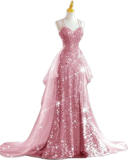 Sparkling Rose Gold Mermaid Slit Train Sequined Prom Dress Evening Dress P4311