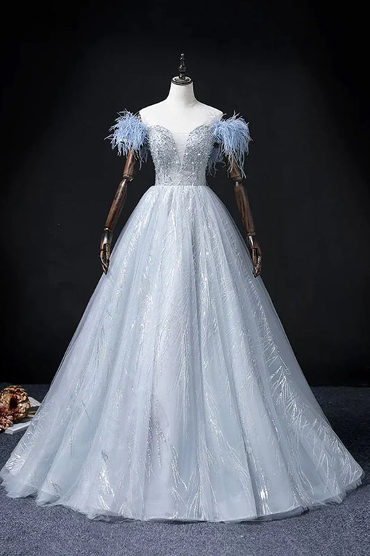 Blue Tulle Beads Long Prom Dress, Elegant A-Line Evening Party Dress       S7313