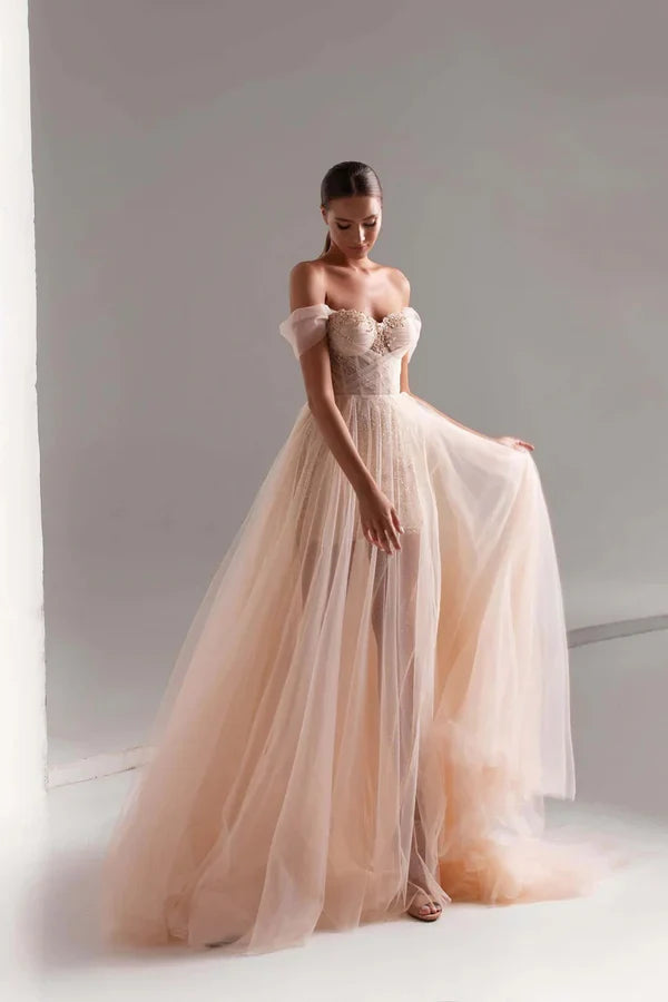 Wholesale Tulle Prom Dress A-Line Long Evening Dress Shining Beads Prom Gown