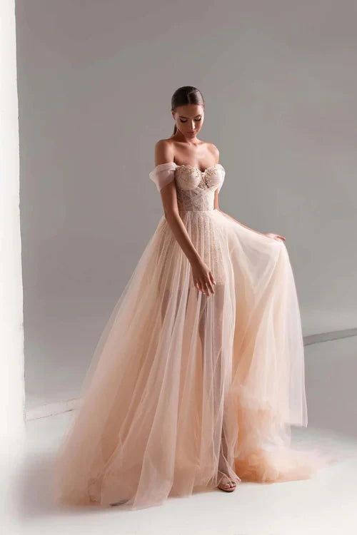 omberprom Elegant Tulle A-Line Prom Dress Long Shining Beads Prom Gown