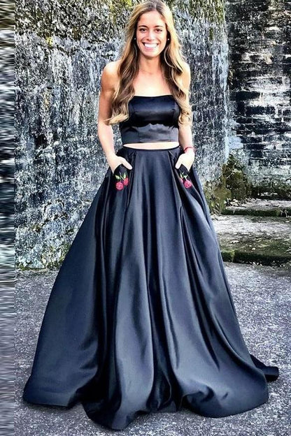 Two Piece Nark Navy Prom Dress with Cherry Embroidery Pockets