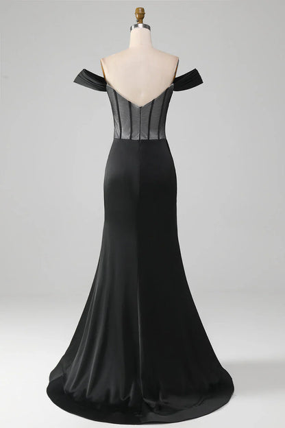 omberprom Black Off the Shoulder Evening Dress Corset Satin Mermaid Prom Dress with Slit