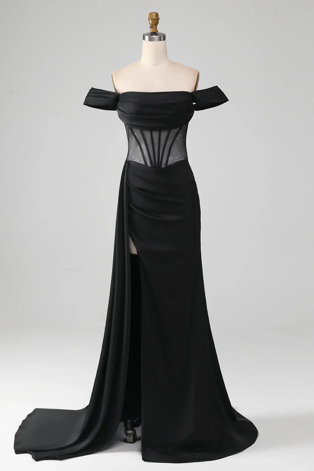 omberprom Black Off the Shoulder Evening Dress Corset Satin Mermaid Prom Dress with Slit