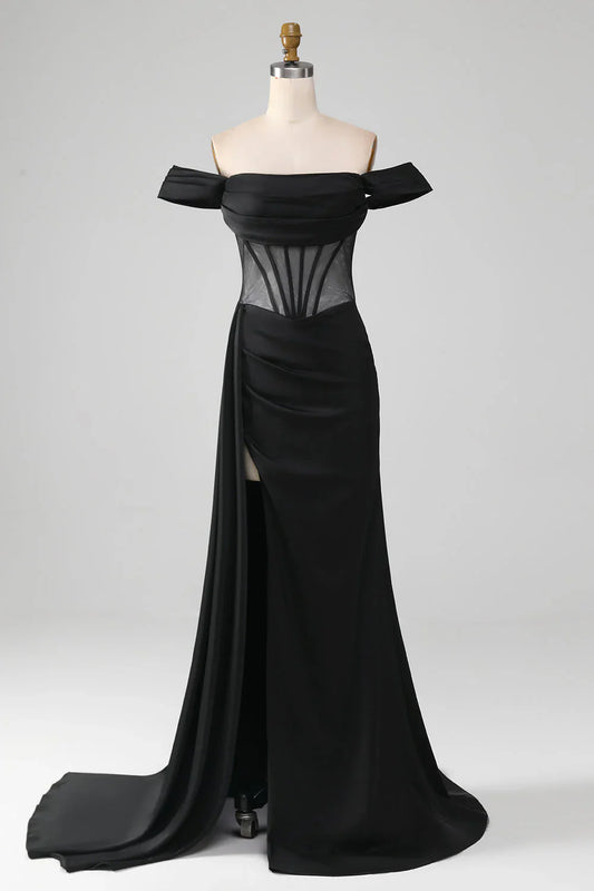 omberprom Black Off the Shoulder Evening Dress Corset Satin Mermaid Prom Dress with Slit