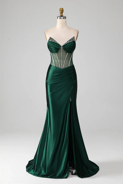 omberprom Charming Evening Dress Mermaid Strapless Corset Pleated Long Prom Dress With Slit