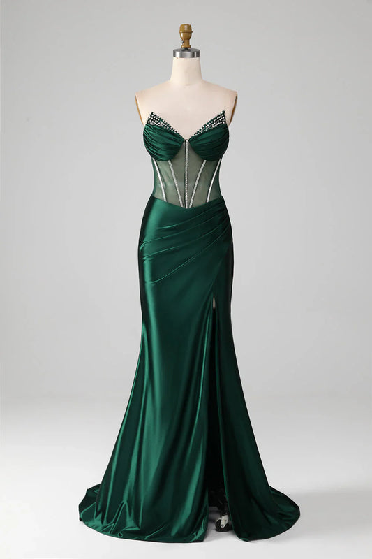 omberprom Charming Evening Dress Mermaid Strapless Corset Pleated Long Prom Dress With Slit