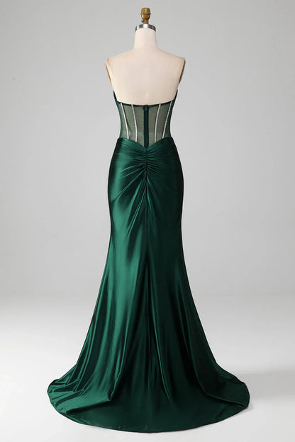 omberprom Charming Evening Dress Mermaid Strapless Corset Pleated Long Prom Dress With Slit